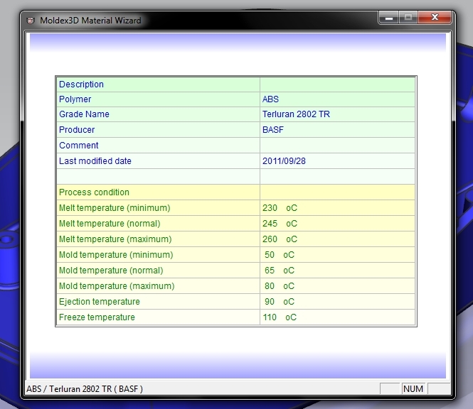 Moduł NX EasyFill Analysis posiada bazę danych materiałów polimerowych